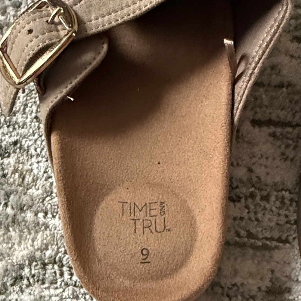 Time and Tru Taupe Suede-Look Slip-On Clogs with Buckle - Picture 3 of 3